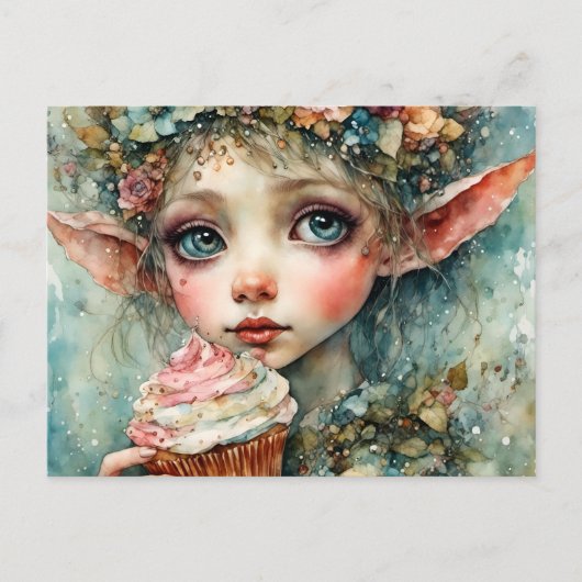 カップケーキが添えられた愛らしい小妖精や小人 ポストカード (正面)