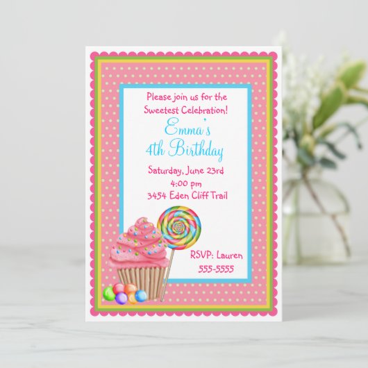 カップケーキとキャンディ誕生日招待状 招待状 (スタンド正面)