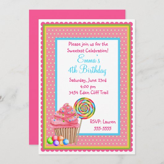 カップケーキとキャンディ誕生日招待状 招待状 (正面/裏面)