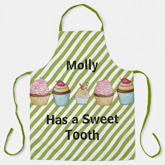 カップケーキとグリーンストライプ エプロン (正面)
