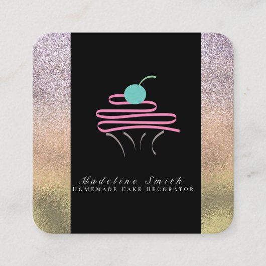 カップケーキとスワールケーキ金ゴールドスパークルベーカリー スクエア名刺 (正面)