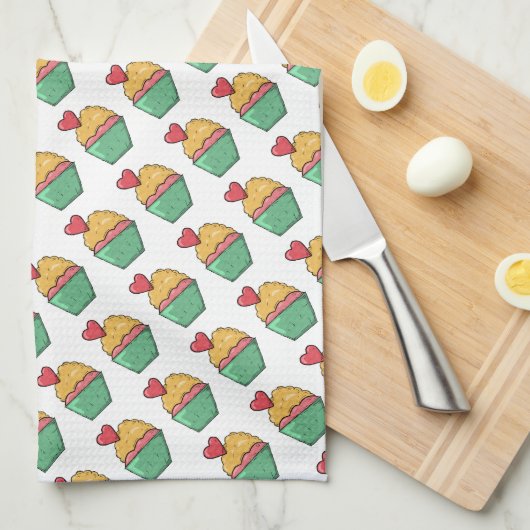 カップケーキとハート キッチンタオル (四つ折り)