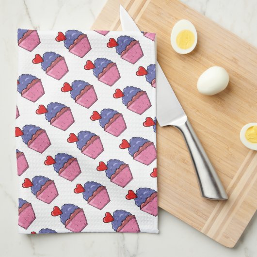 カップケーキとハート キッチンタオル (四つ折り)