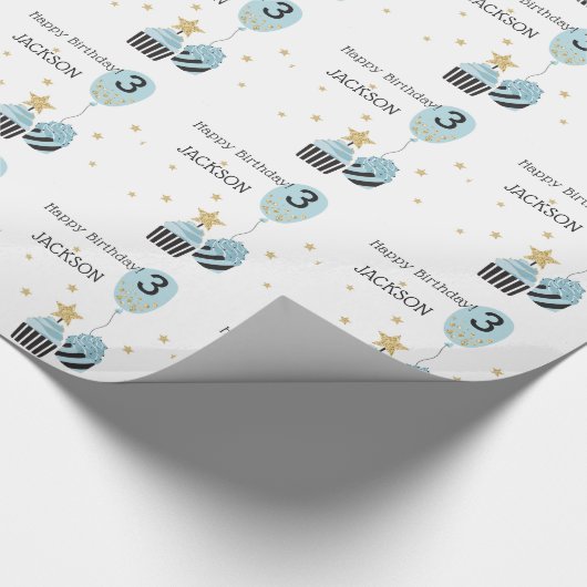 カップケーキとバルーン |フェイクグリッター少年の誕生日 ラッピングペーパー (角)