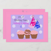 カップケーキとパーティーハット誕生日招待状 招待状 (正面/裏面)