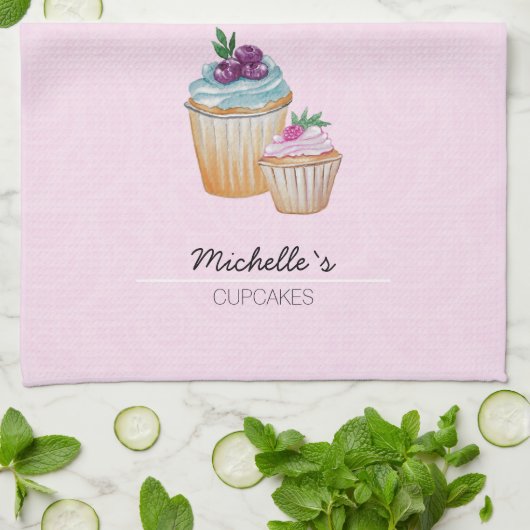 カップケーキとフルーツ水彩 キッチンタオル (折り畳み)