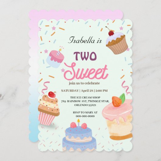 カップケーキと振りかける2ndバースデーガール 招待状 (正面/裏面)