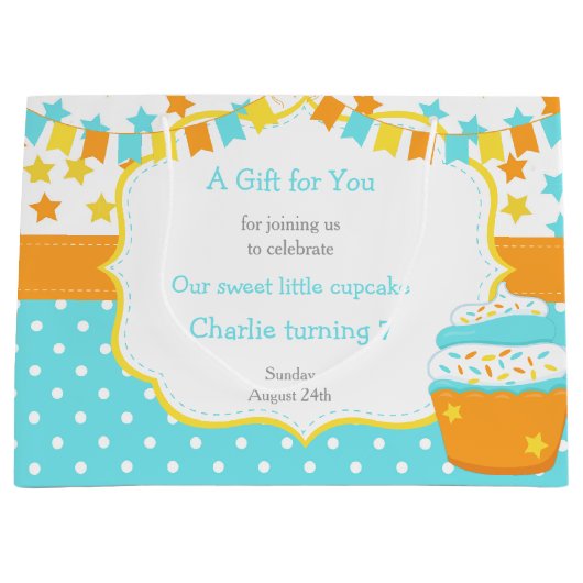 カップケーキと散水誕生日パーティー ラージペーパーバッグ (正面)