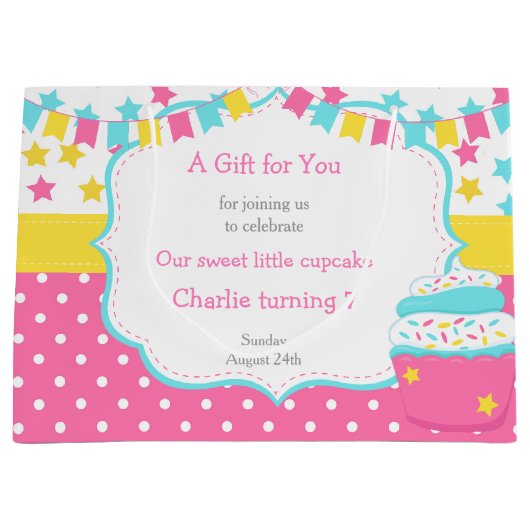 カップケーキと散水誕生日パーティー ラージペーパーバッグ (正面)