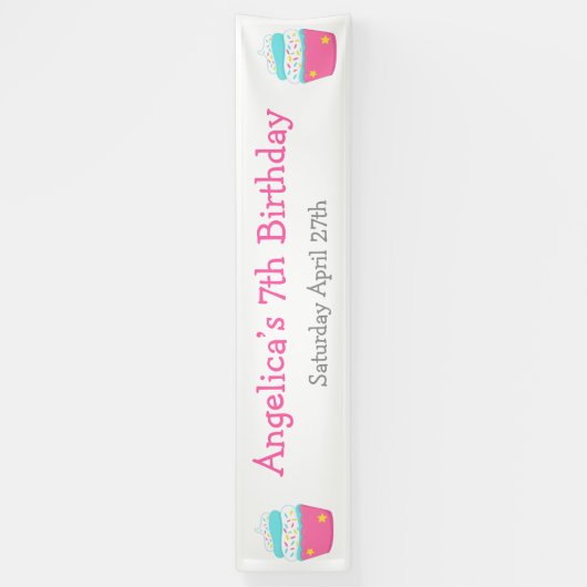 カップケーキと散水誕生日パーティー 横断幕 (縦)