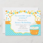 カップケーキと散水青い誕生日パーティー 招待状 (正面)