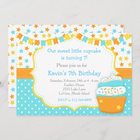 カップケーキと散水青い誕生日パーティー 招待状 (正面/裏面)