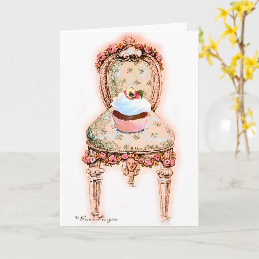 カップケーキと椅子のヴィンテージスタイルカード カード (黄色い花)