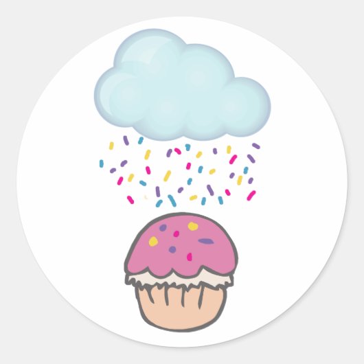 カップケーキに雨がふりかける ラウンドシール (正面)