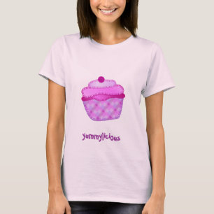 カップケーキのアップリケの女性トップの藤色およびピンク Tシャツ