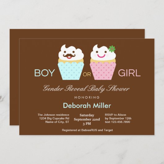 カップケーキのジェンダーがベビーシャワーを明かす 招待状 (正面/裏面)