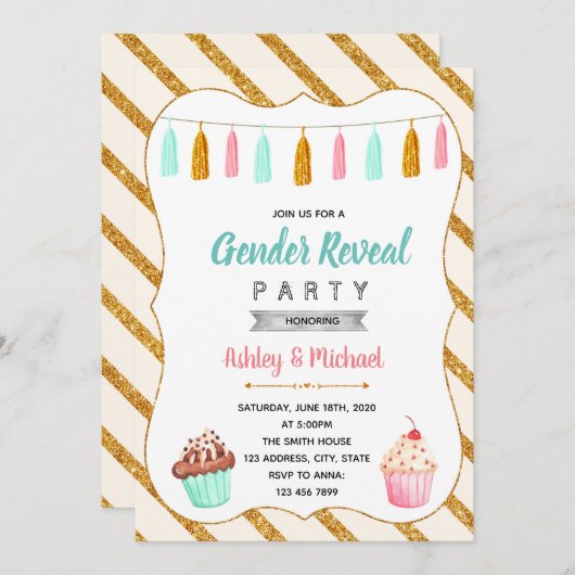 カップケーキのジェンダーリビールパーティの招待状 招待状 (正面/裏面)