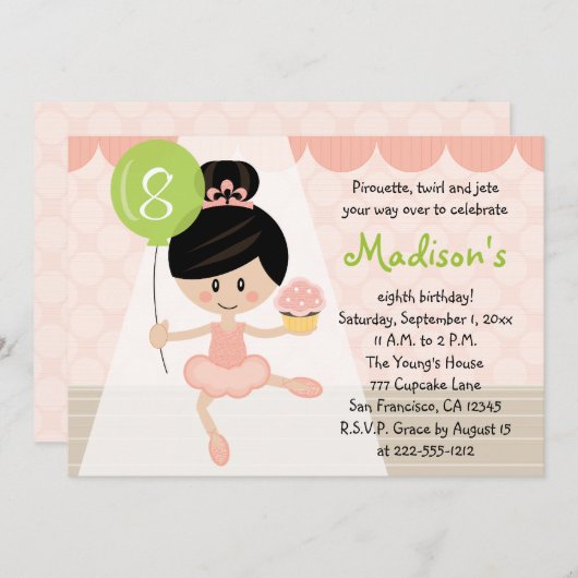 カップケーキのバレリーナの誕生日のアジア黒い髪 招待状 (正面/裏面)