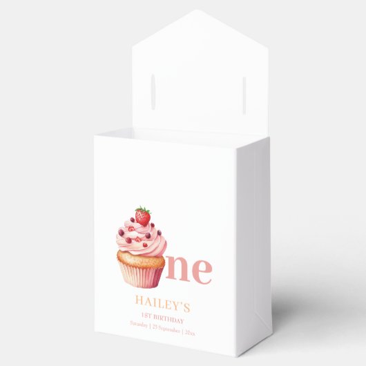 カップケーキのバースデー招待状、女の子の1歳の誕生日 フェイバーボックス (オープン)