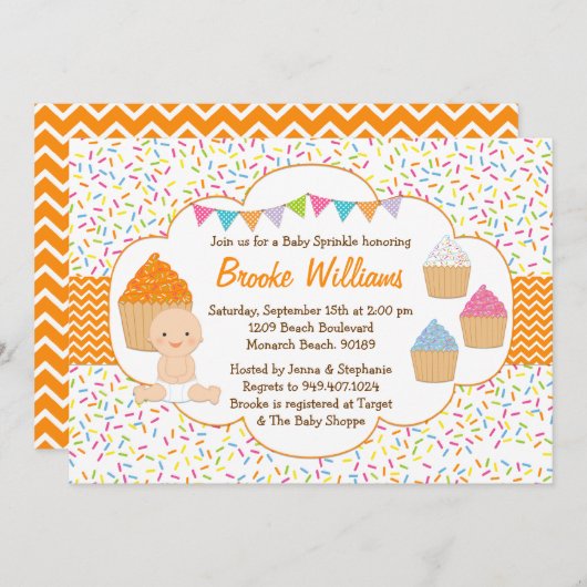 カップケーキのベビーはシャワーの招待状のニュートラルを振りかけます 招待状 (正面/裏面)