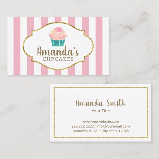 カップケーキのベーカリーのペーストリー作りの職人の甘いピンクのストライプ 名刺 (正面/裏面)