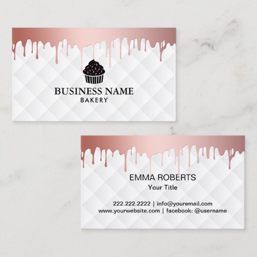 カップケーキのベーカリーのモダンのばら色の金ゴールドの滴りのエレガントなシェフ 名刺 (正面/裏面)