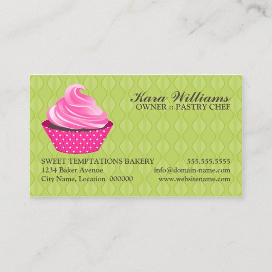 カップケーキのベーカリーの緑のピンク 名刺 (裏面)