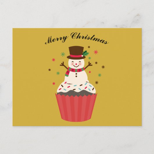 カップケーキの上の幸せな雪だるま クリスマスカード ポストカード (正面)