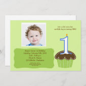 カップケーキの写真の誕生日の招待状のベビー第1 招待状 (正面/裏面)