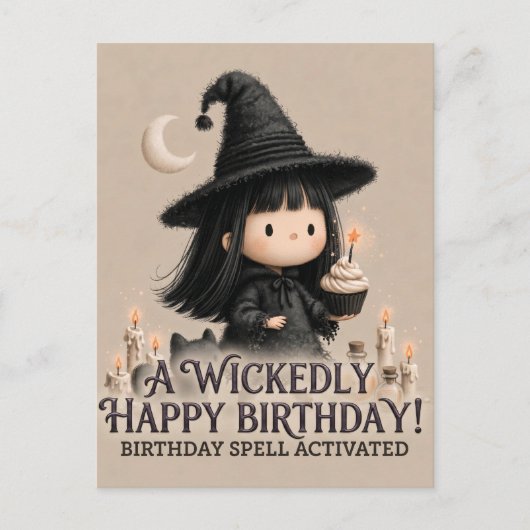 カップケーキの可愛い魔女の誕生日グリーティングデザイン ポストカード (正面)
