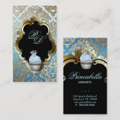 カップケーキの名刺のエレガントなダマスク織の青の金ゴールド 名刺 (正面/裏面)