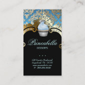 カップケーキの名刺のエレガントなダマスク織の青の金ゴールド 名刺 (裏面)