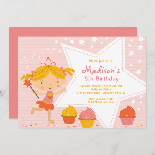 カップケーキの妖精の誕生日パーティーの招待 招待状 (正面/裏面)