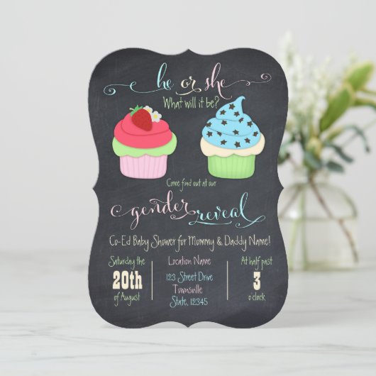 カップケーキの性はシャワーの招待を明らかにします 招待状 (スタンド正面)