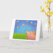 カップケーキの愛らしいクレヨンの芸術のブタの夢 カード (黄色い花)