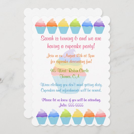 カップケーキの招待状の虹 招待状 (正面/裏面)