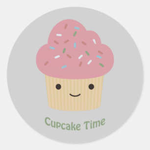 カップケーキの時間! かわいいピンクのカップケーキ ラウンドシール