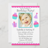 カップケーキの第1誕生日の女の子の写真の招待状 招待状 (正面)