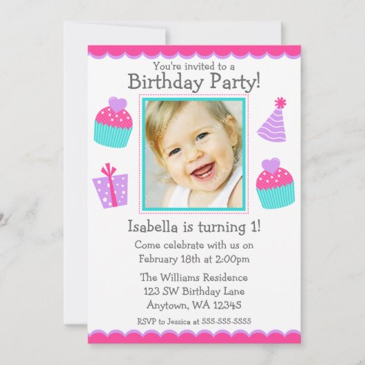 カップケーキの第1誕生日の女の子の写真の招待状 招待状 (正面)