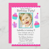 カップケーキの第1誕生日の女の子の写真の招待状 招待状 (正面/裏面)