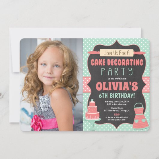カップケーキの誕生会の写真を飾るケーキ 招待状 (正面)