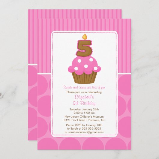 カップケーキの誕生日の招待状の第5誕生日のピンク 招待状 (正面/裏面)