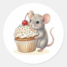 カップケーキを持ったかわいい誕生日のネズミ ラウンドシール