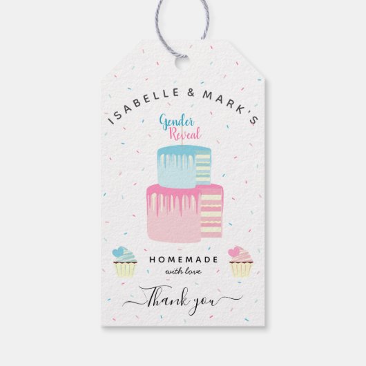 カップケーキを振りかけるピンクの青のジェンダーを明らかに感謝 ギフトタグ (裏面)