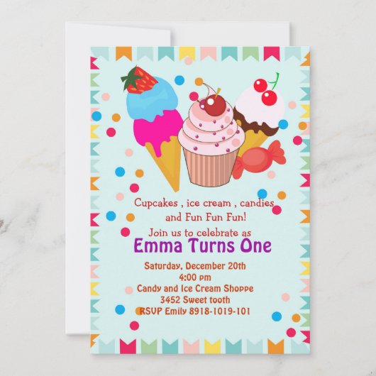 カップケーキアイスクリームキャンディバースデーパーティーの招待 招待状 (正面)