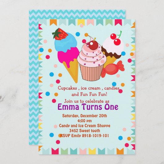 カップケーキアイスクリームキャンディバースデーパーティーの招待 招待状 (正面/裏面)