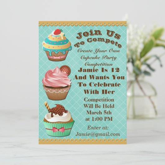 カップケーキウォーズベイクオフ誕生日アクアダイアモンド招待状 招待状 (スタンド正面)