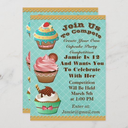 カップケーキウォーズベイクオフ誕生日アクアダイアモンド招待状 招待状 (正面/裏面)