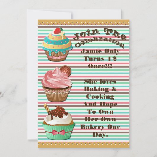 カップケーキウォーズベイクオフ誕生日ストライプの招待状 招待状 (裏面)
