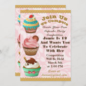 カップケーキウォーズベイクオフ誕生日ピンクスワール招待状 招待状 (正面/裏面)